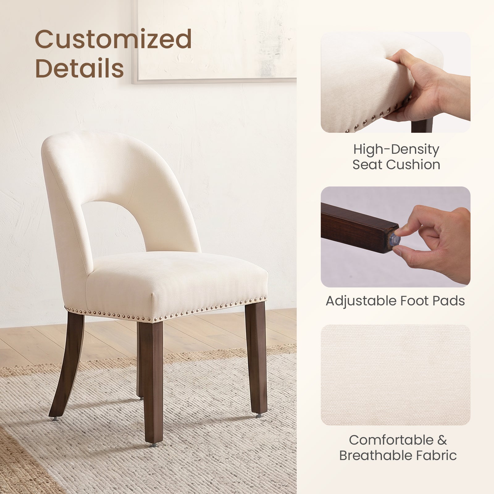 Firmoz Farmhouse Hollow Back Dining Chairs with Nailhead Trim & Rubberwood Legs