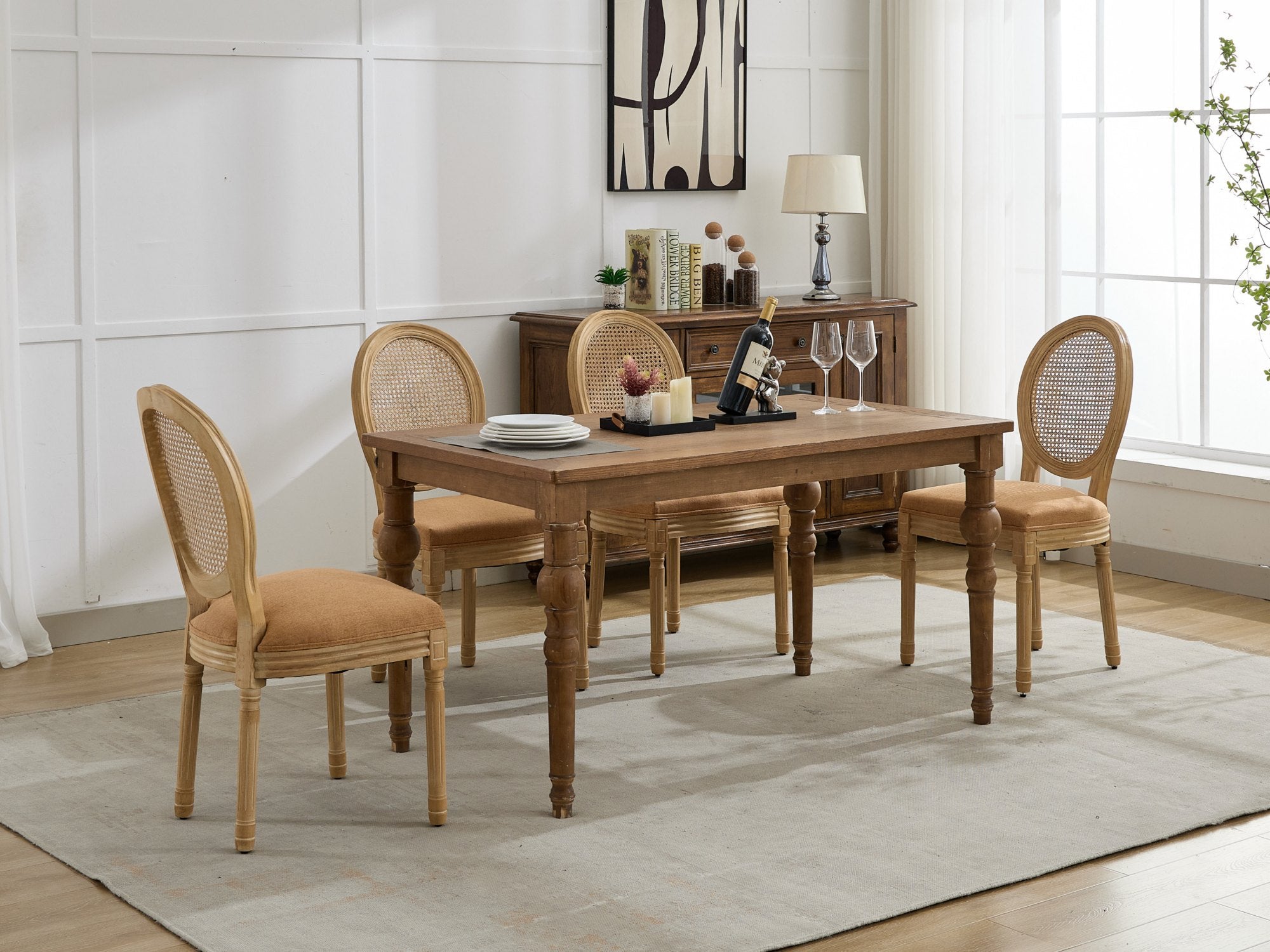French Style Linen Fabric Rattan Back Dining Chairs (Set of 2)