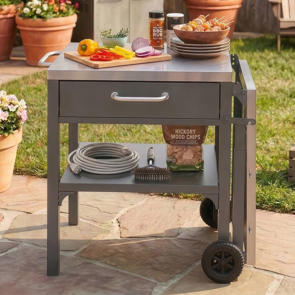 Foldable BBQ cart with storage, portable for backyard & patio cooking