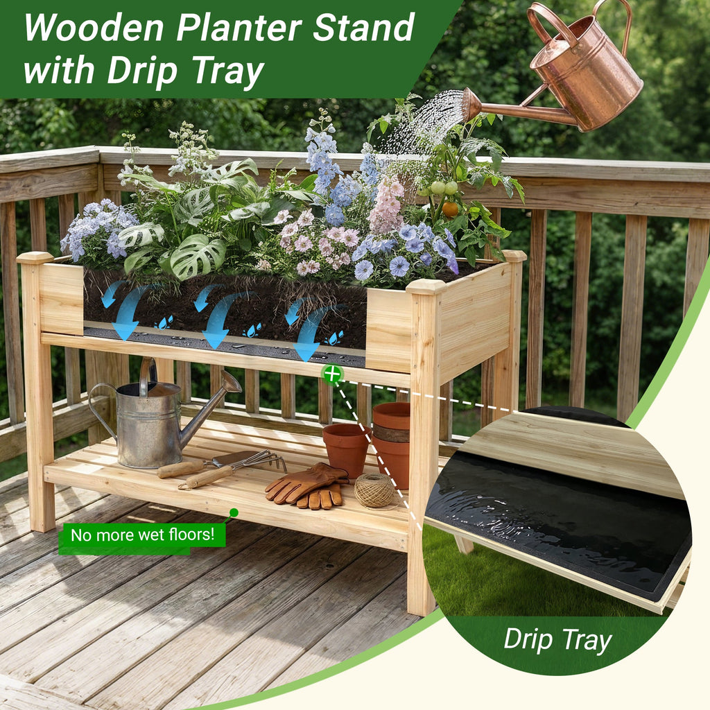 Outdoor Raised Garden Bed 48"x23"x31" with Water Tray, Storage Shelf & Protective Liner