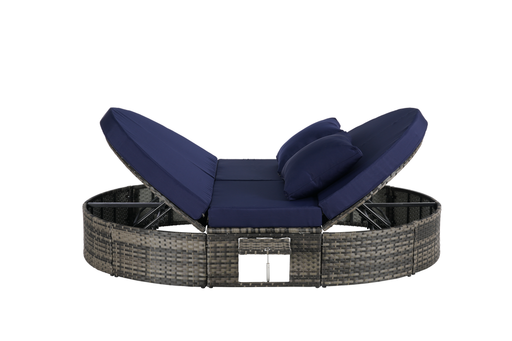 Round outdoor patio daybed with adjustable backrests foldable cup trays and cushioned wicker design ideal for backyard and poolside lounging