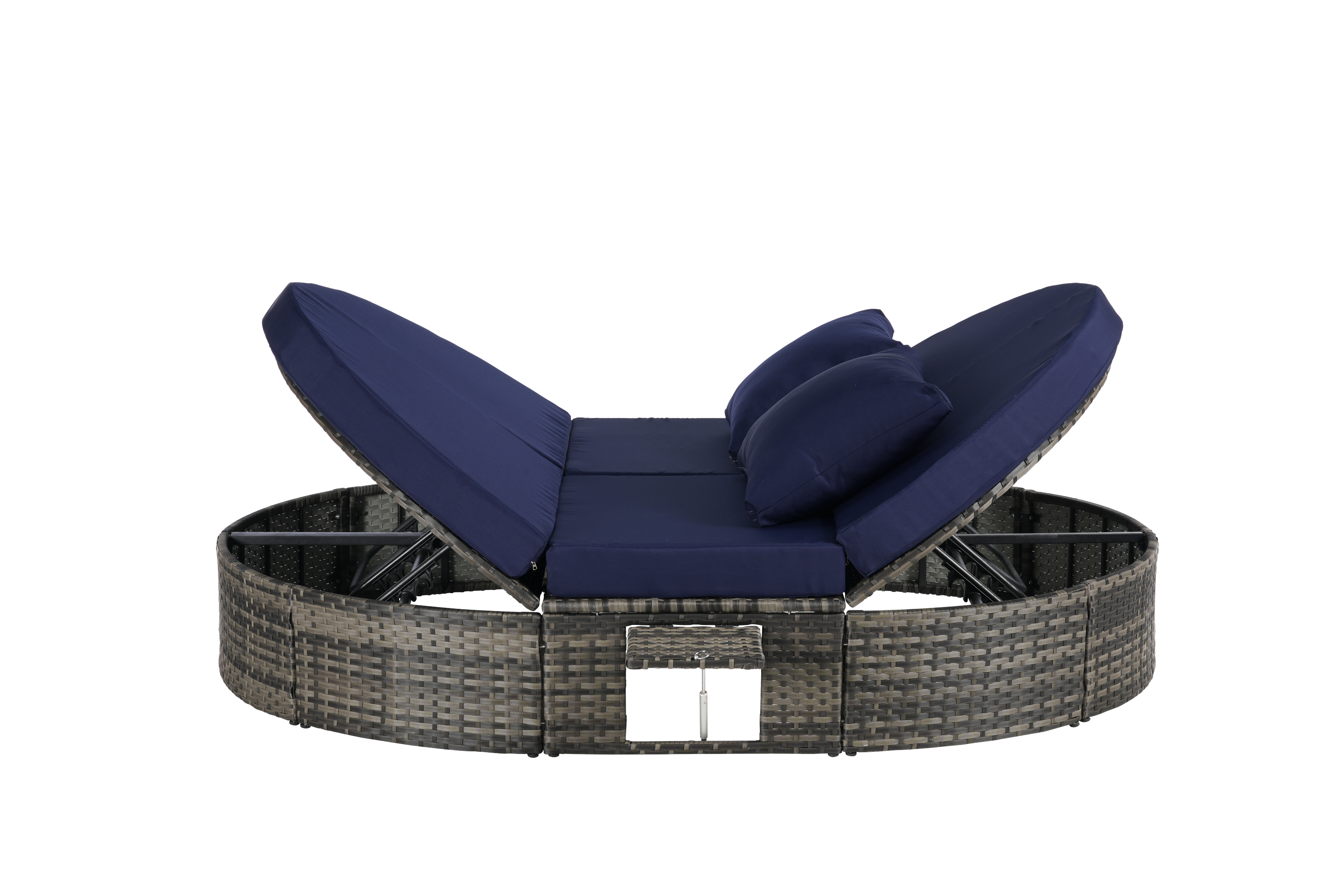 Round outdoor patio daybed with adjustable backrests foldable cup trays and cushioned wicker design ideal for backyard and poolside lounging