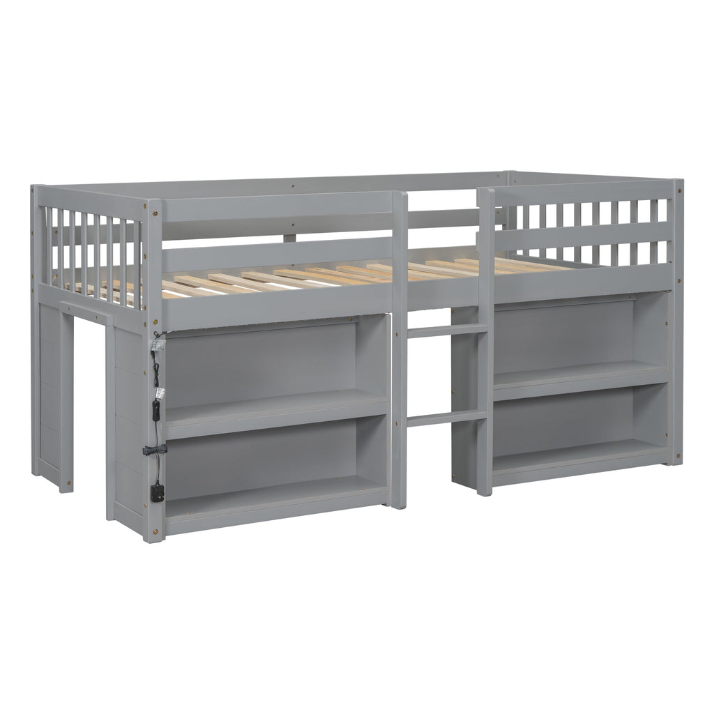 Twin Size Kid Low Loft Bed With Two-Tier Shelves