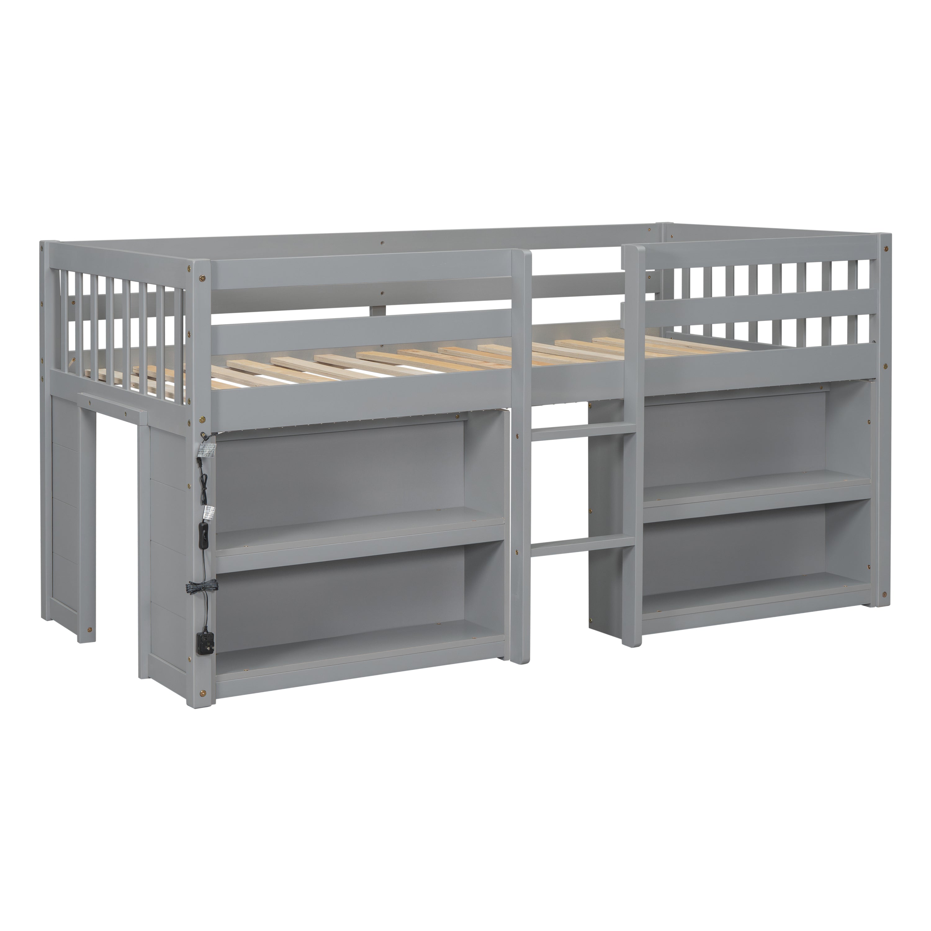 Twin Size Kid Low Loft Bed With Two-Tier Shelves
