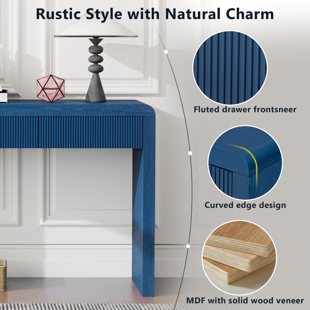 Rustic Solid Wood Veneer Entryway Table with 3 Fluted Drawers