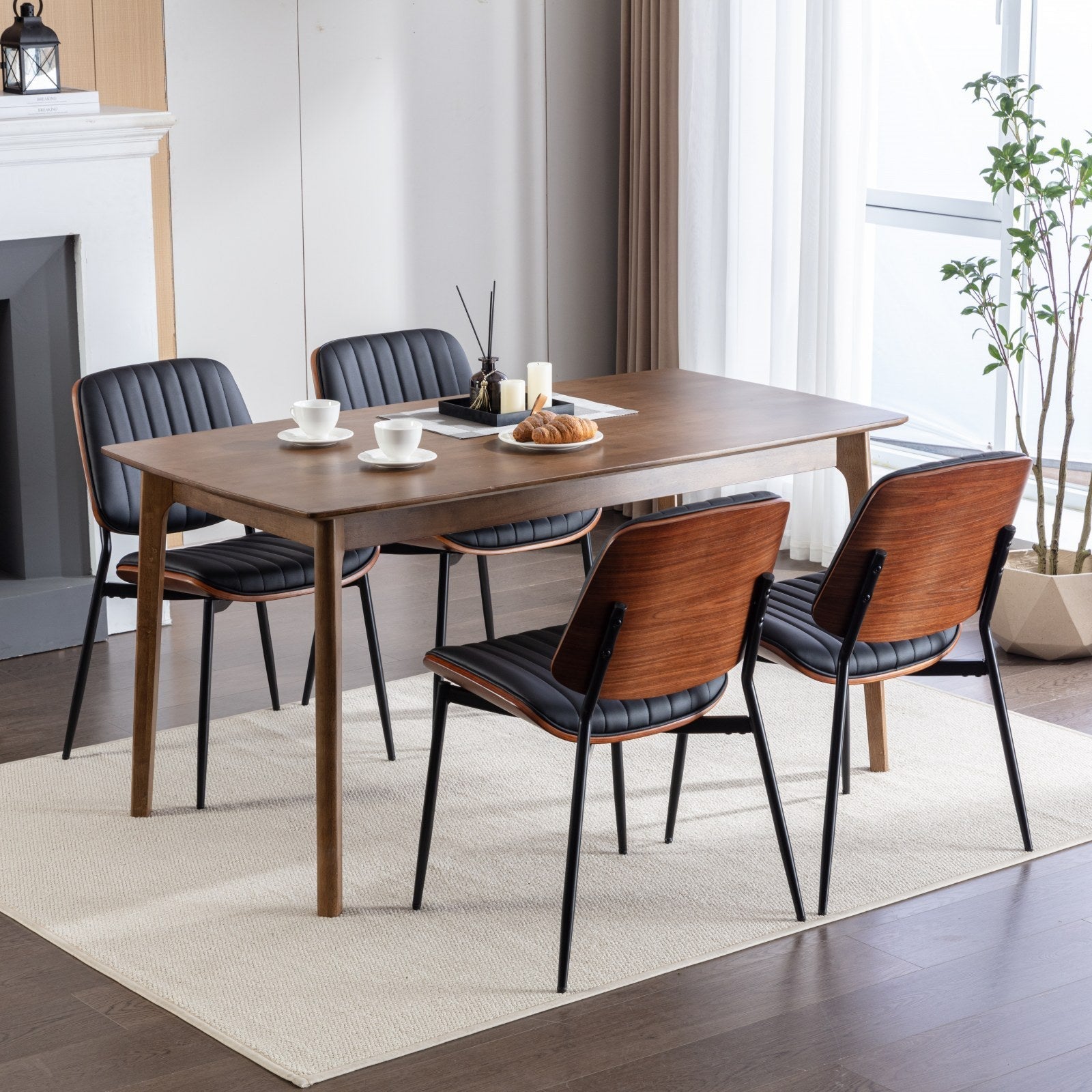 Mid Century Modern Retro Faux Leather Dining Chairs with Walnut Bentwood (Set of 2)