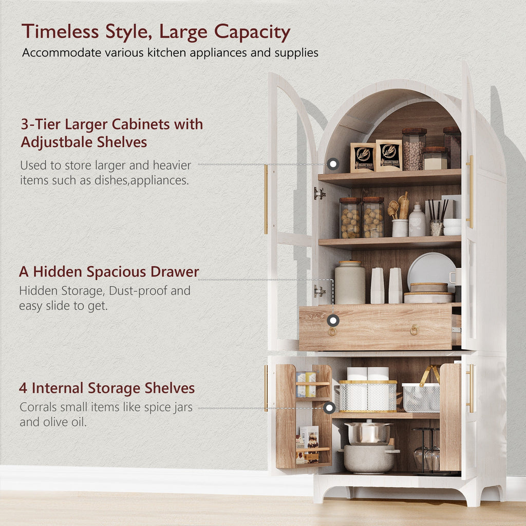 71" Tall Arched Farmhouse Kitchen Pantry Cabinet with Door Shelves
