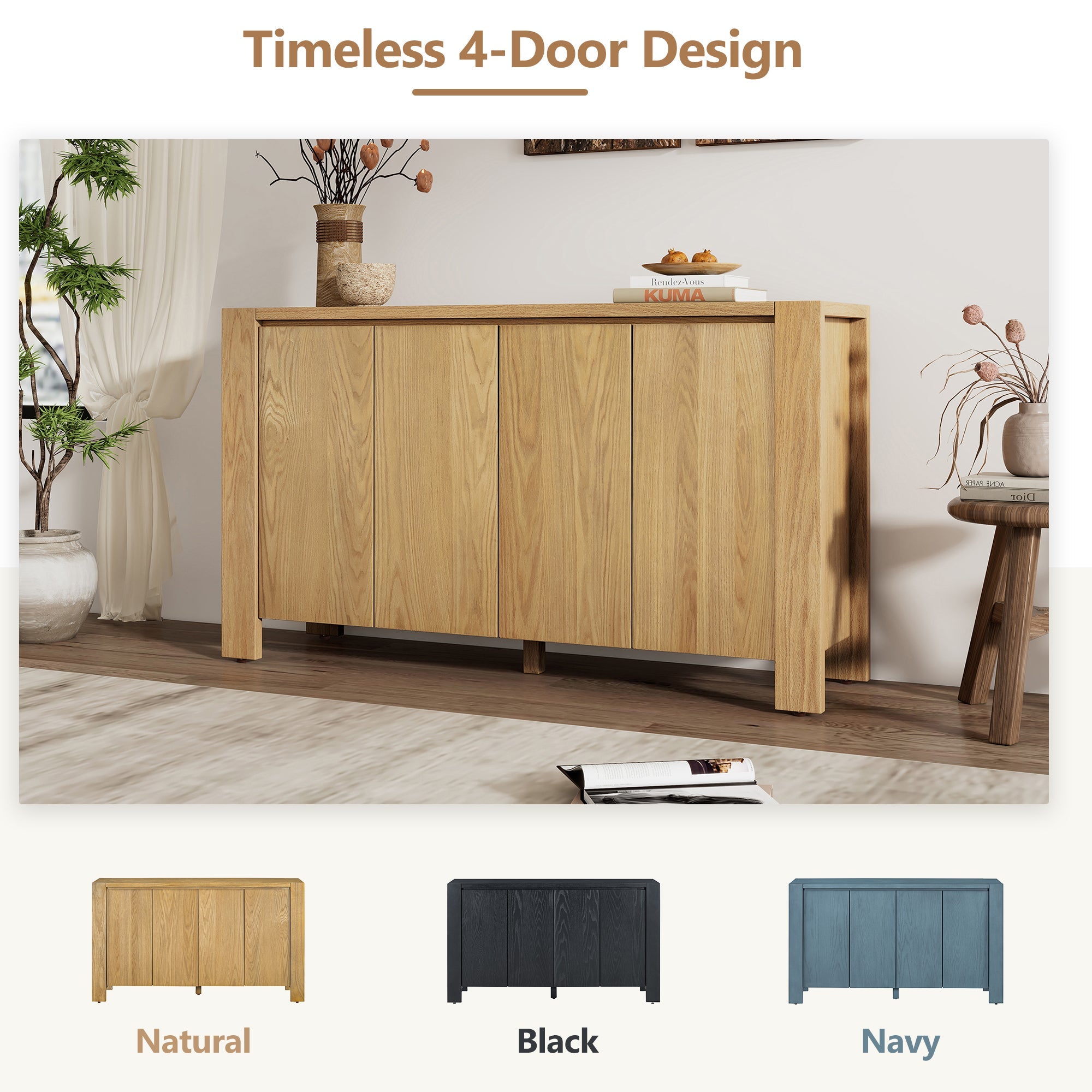 4-Door Retro Wood Buffet Cabinet with Storage