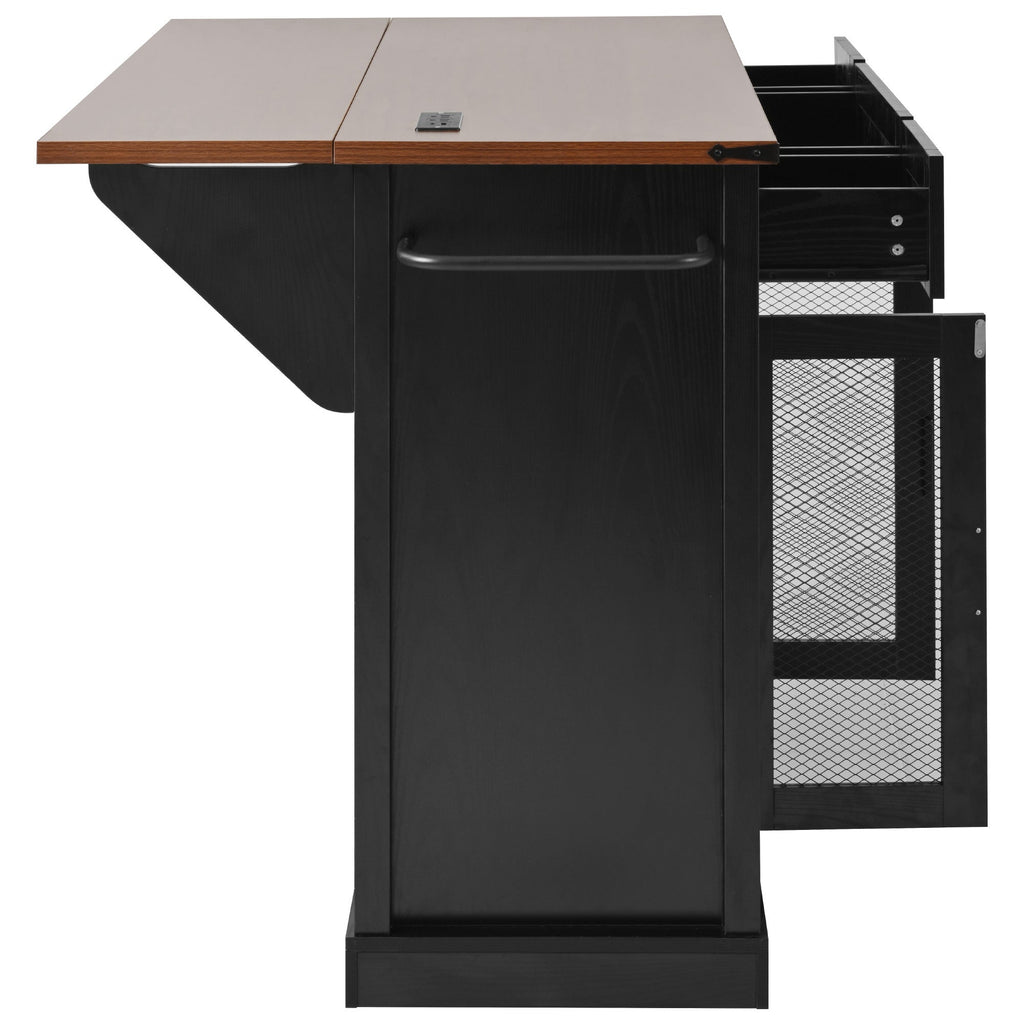 58“ Farmhouse Kitchen Island with Storage Sliding Barn Door Metal Grid Side Door