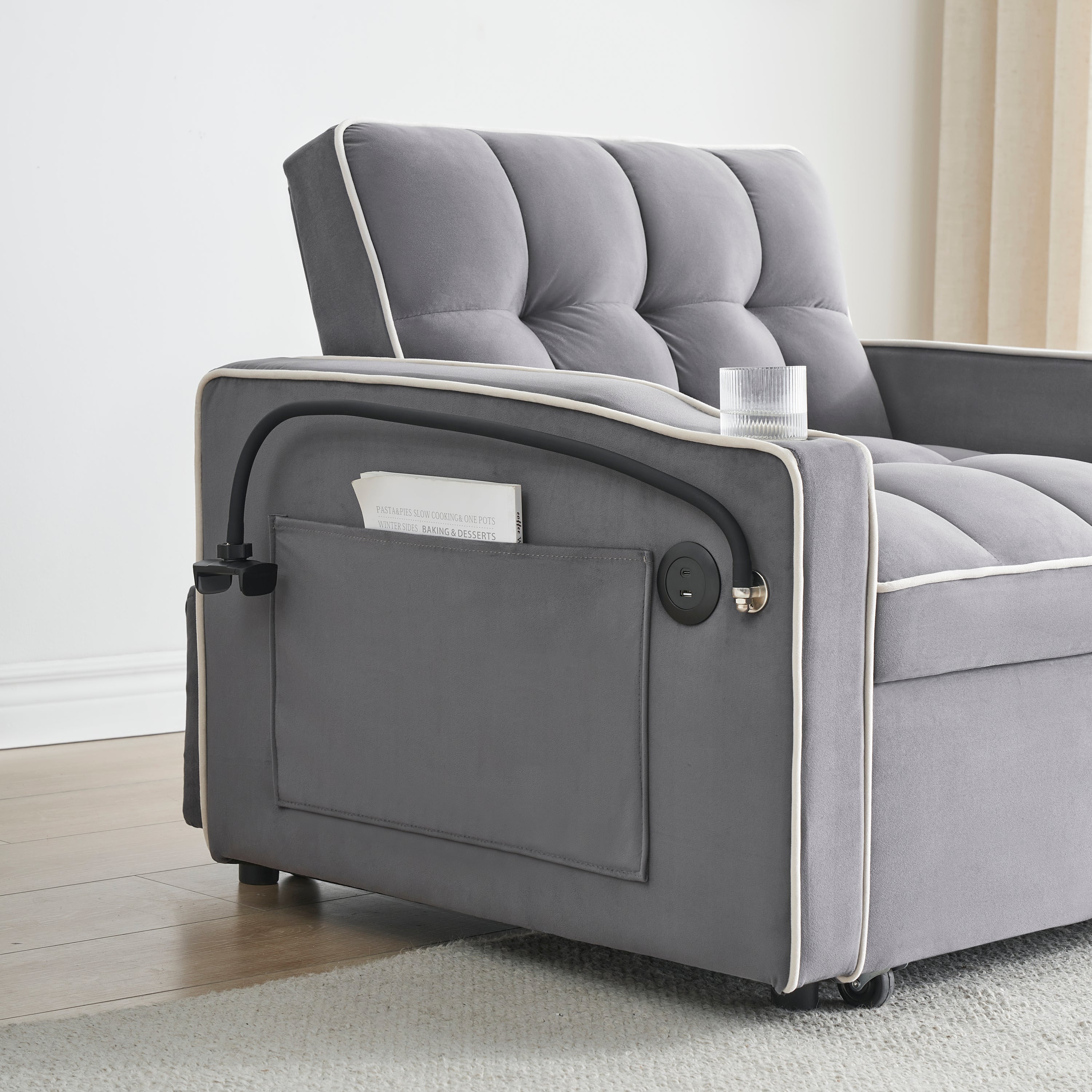 Velvet Foldable Sofa Bed Adjustable Back with USB, Ashtray & Phone Stand
