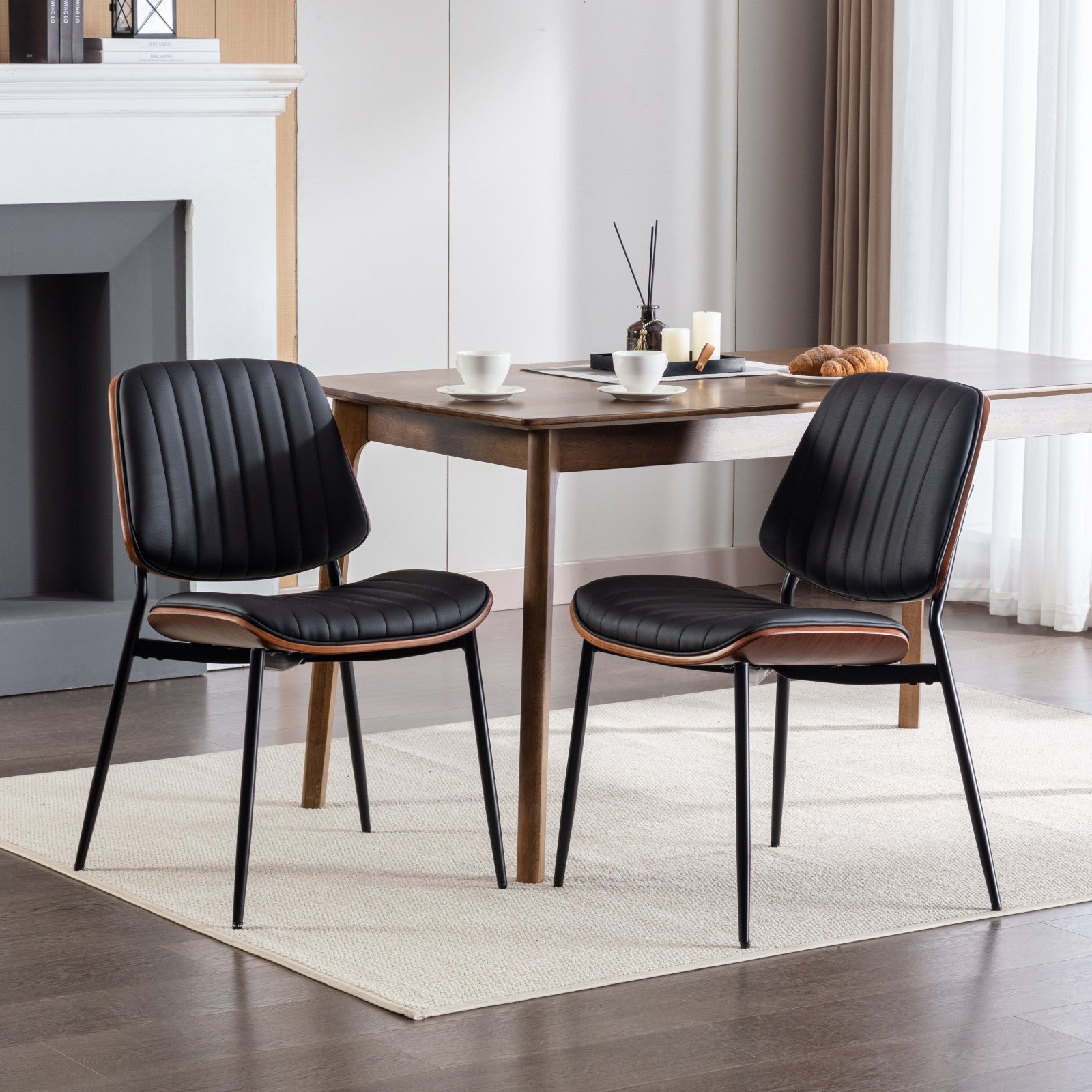 Mid Century Modern Retro Faux Leather Dining Chairs with Walnut Bentwood (Set of 2)