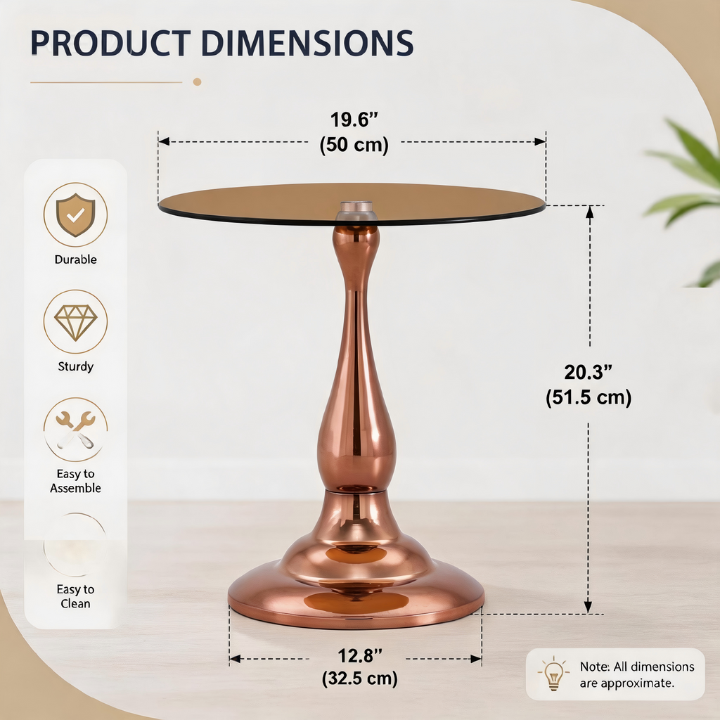 20" Small Luxury Metal Round Side Table with a Glass Top