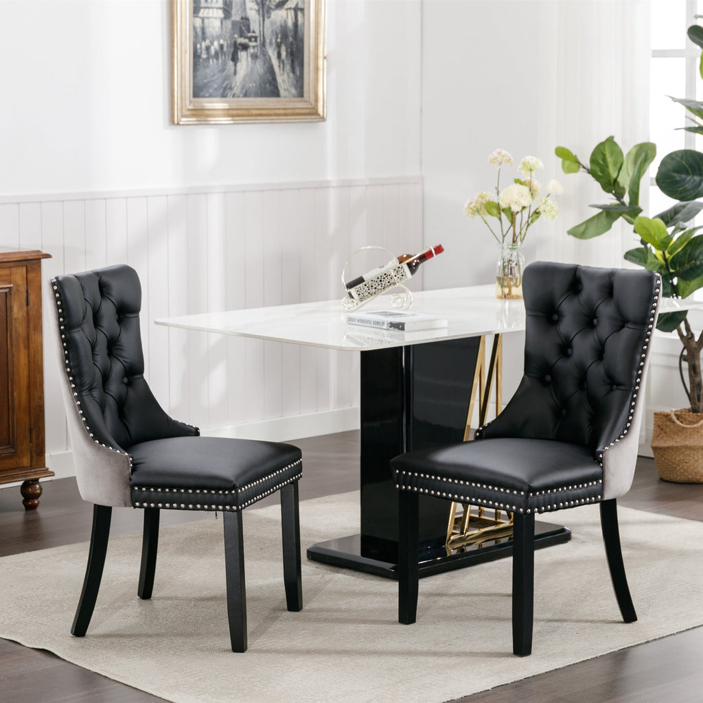 Tufted Solid Wood PU Upholstered Dining Chair with Wood Legs (Set of 2)