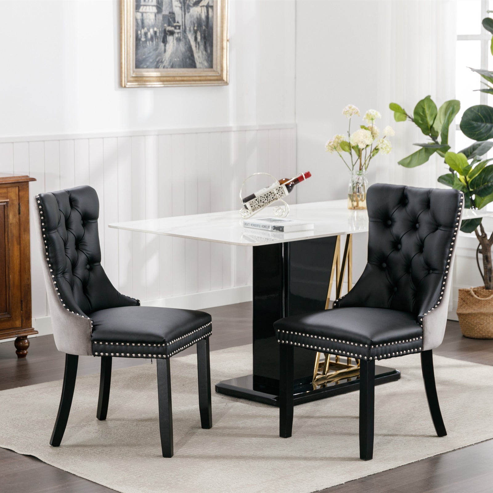 Tufted Solid Wood PU Upholstered Dining Chair with Wood Legs (Set of 2)