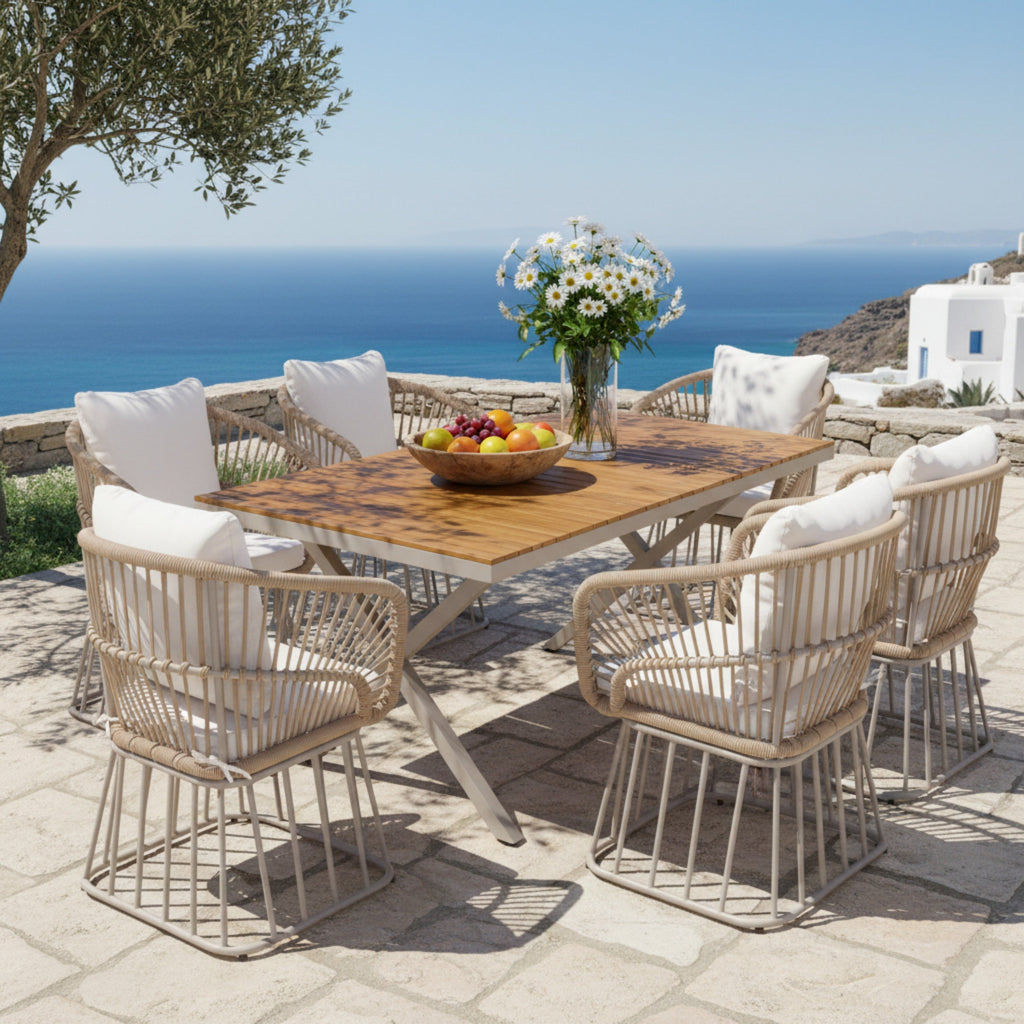 Outdoor Dining Set Teak Table 4 Wicker Chairs Cushions Steel Frame Set
