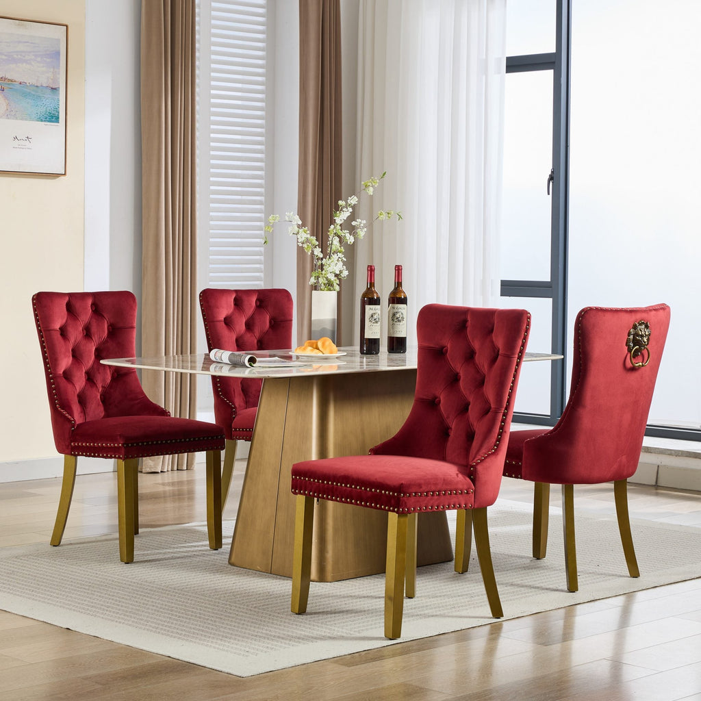 Mid-Century Velvet Dining Chairs with Lion Head Pull Ring (Set of 2)
