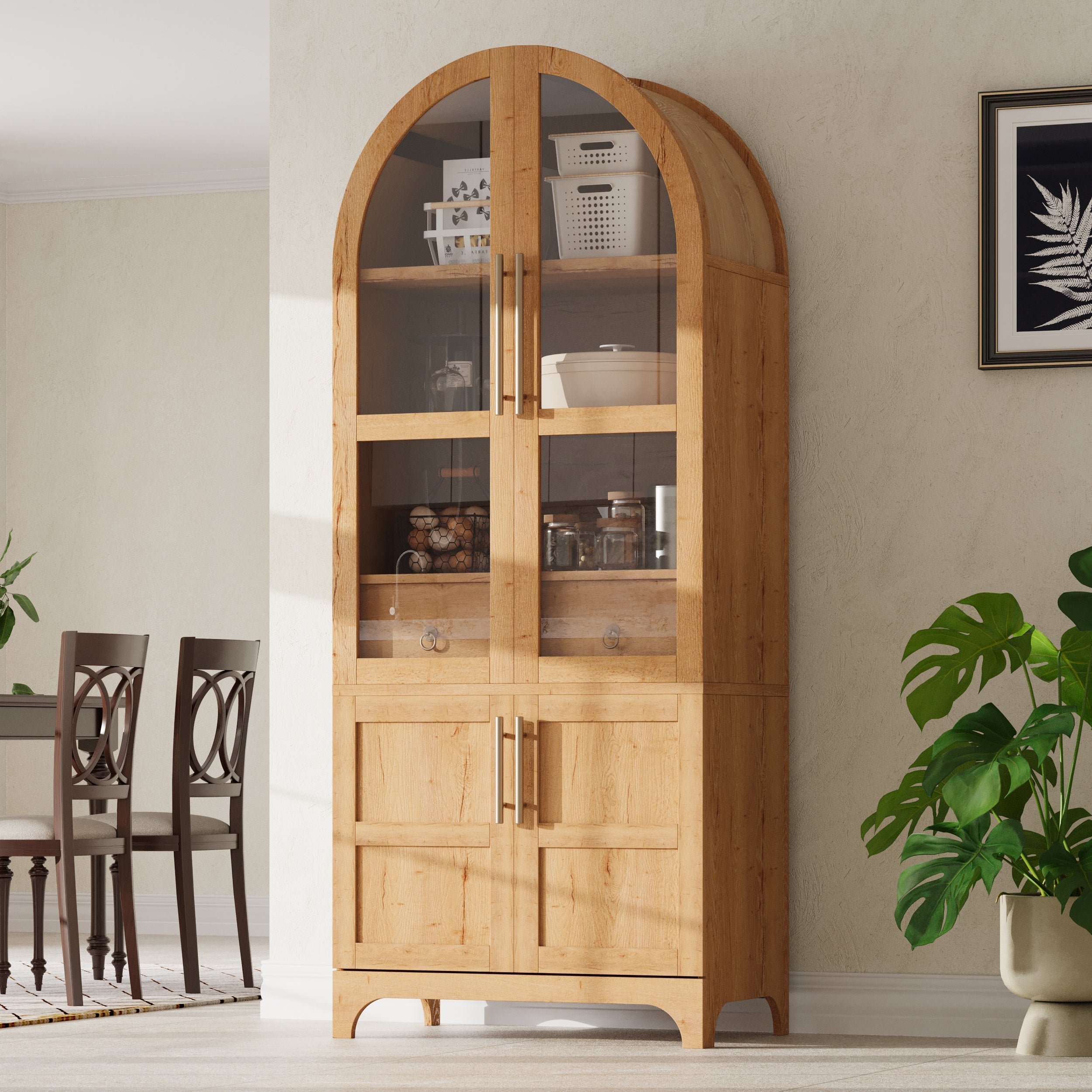 71" Tall Arched Farmhouse Kitchen Pantry Cabinet with Door Shelves