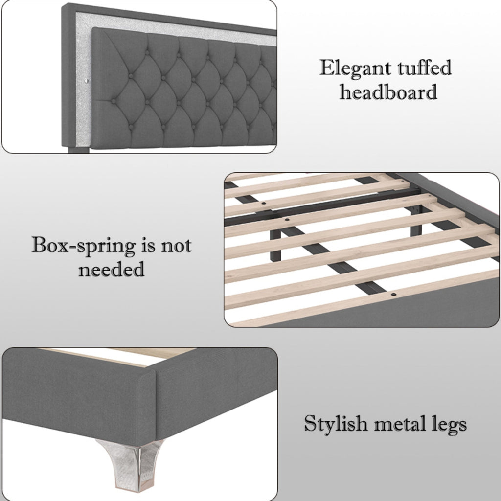 Queen Size Upholstered Bed Frame with LED Lights