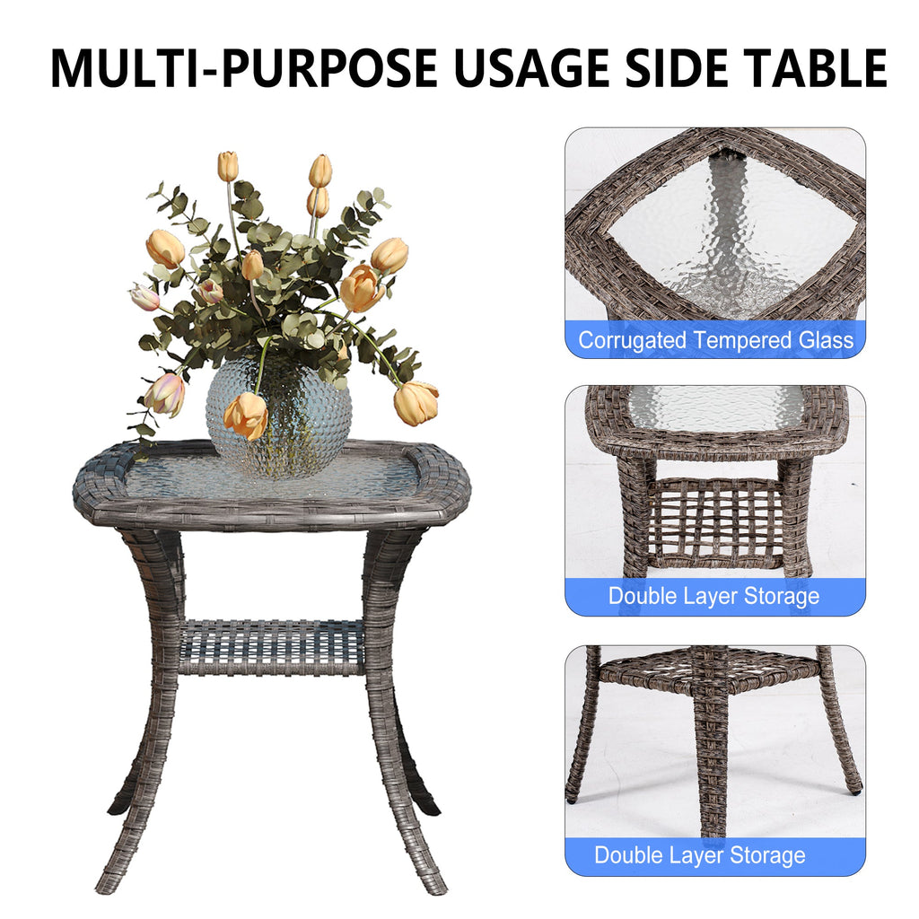 2-Piece Outdoor Wicker Swivel Chairs with Side Table Blue Cushioned Patio Set