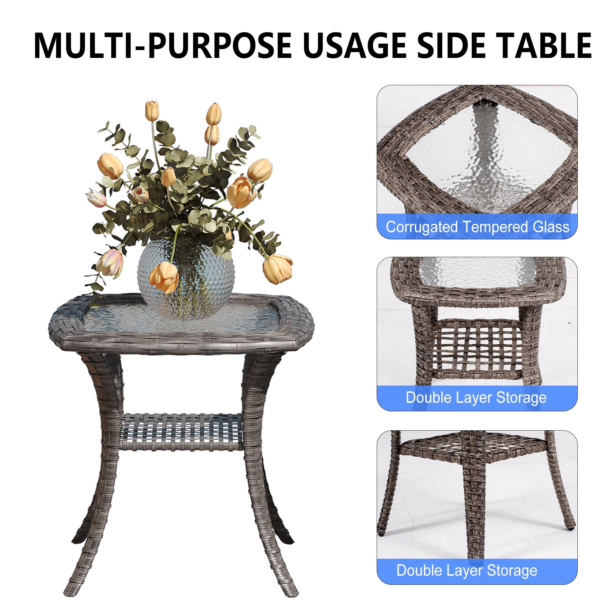 2-Piece Outdoor Wicker Swivel Chairs with Side Table Blue Cushioned Patio Set