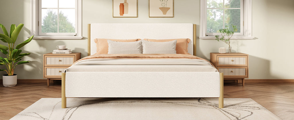 Modern White Boucle Upholstered Bed