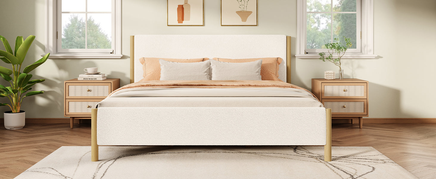 Modern White Boucle Upholstered Bed