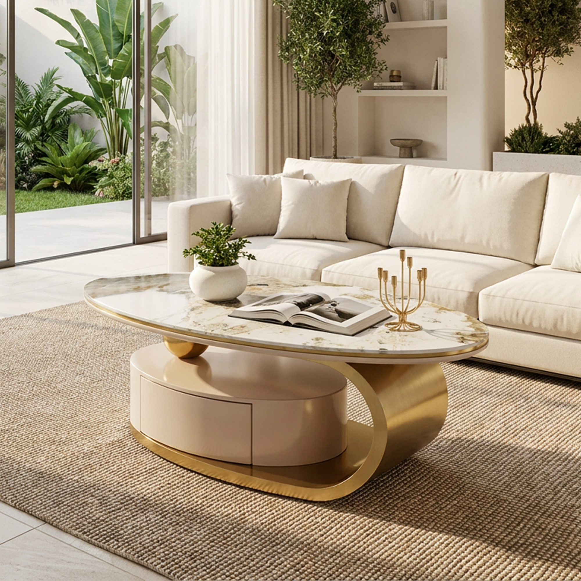 51.18' Luxury Oval Coffee Table with Print Glass Top