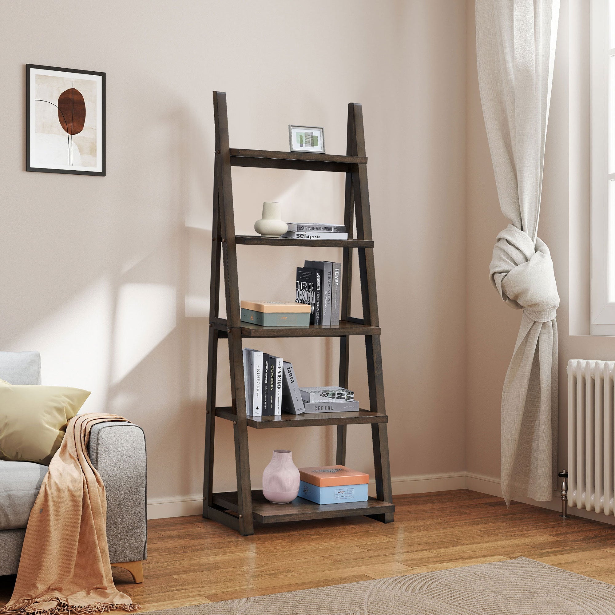 5-Tier Storage Rack Bookshelf with Rubber Wood Frame