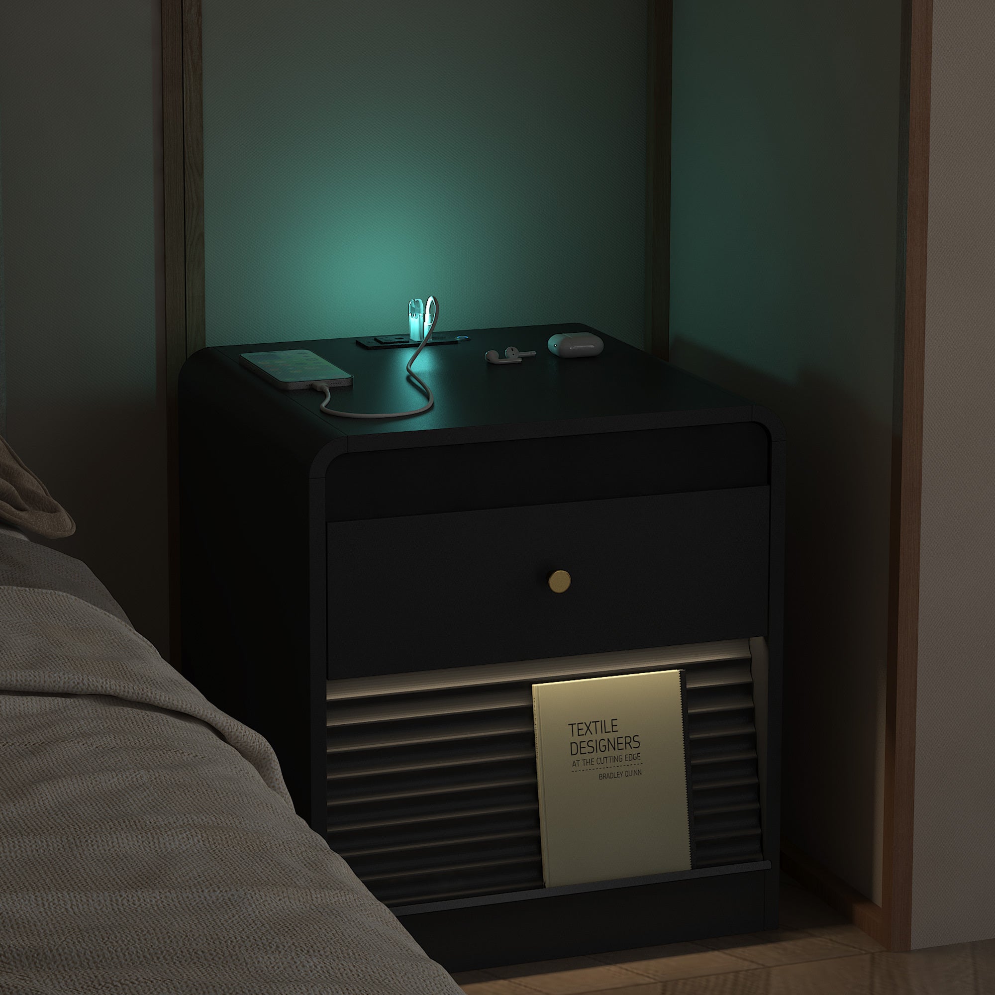 Smart Nightstand with Charging Station & Voice-Controlled LED Lights