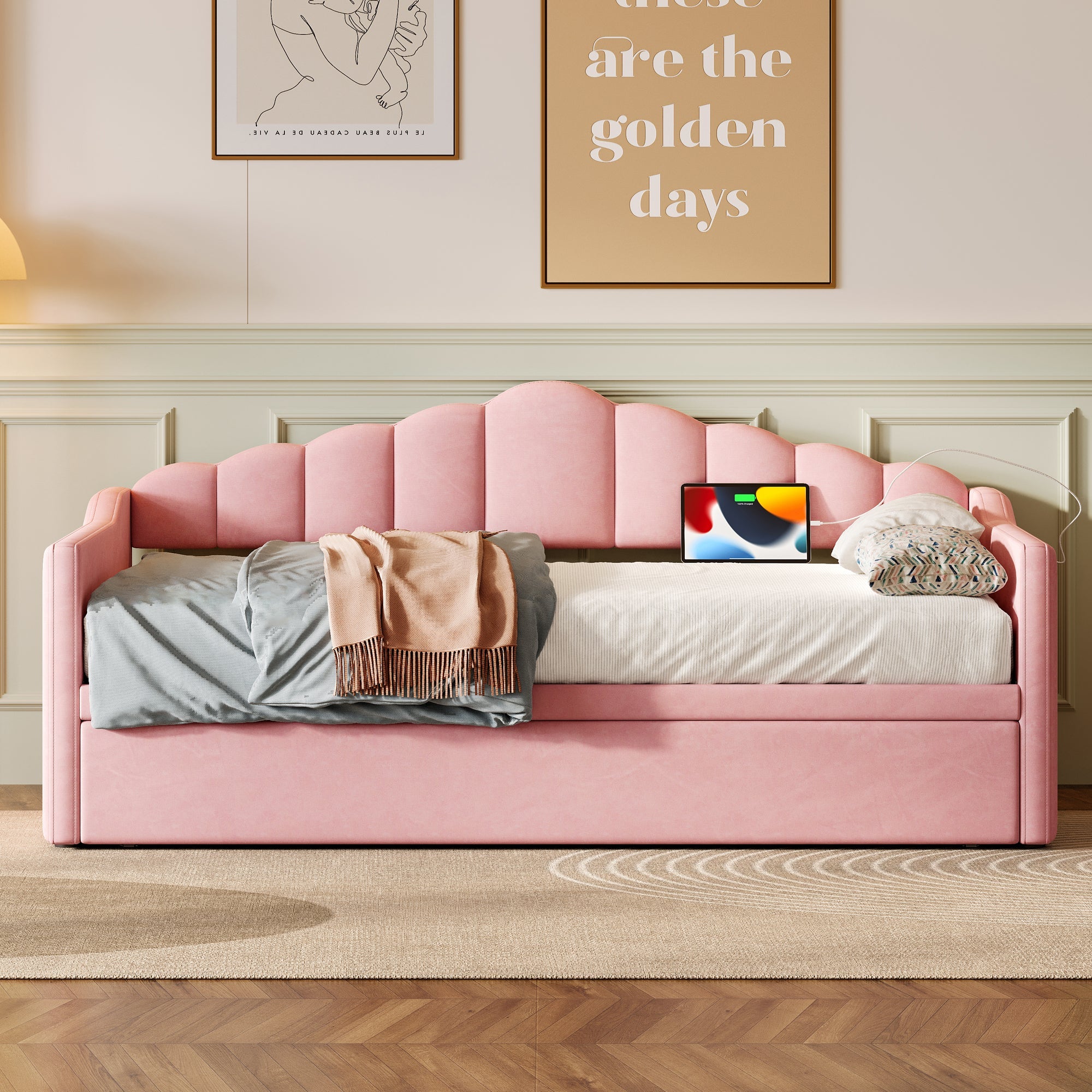 Upholstered Twin Size Daybed with Adjustable Height