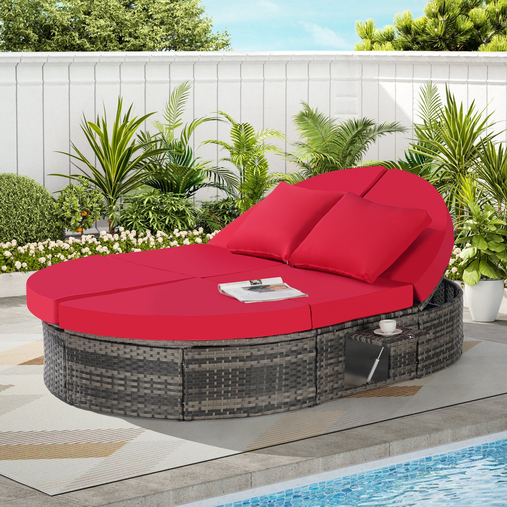 Round outdoor patio daybed with adjustable backrests foldable cup trays and cushioned wicker design ideal for backyard and poolside lounging