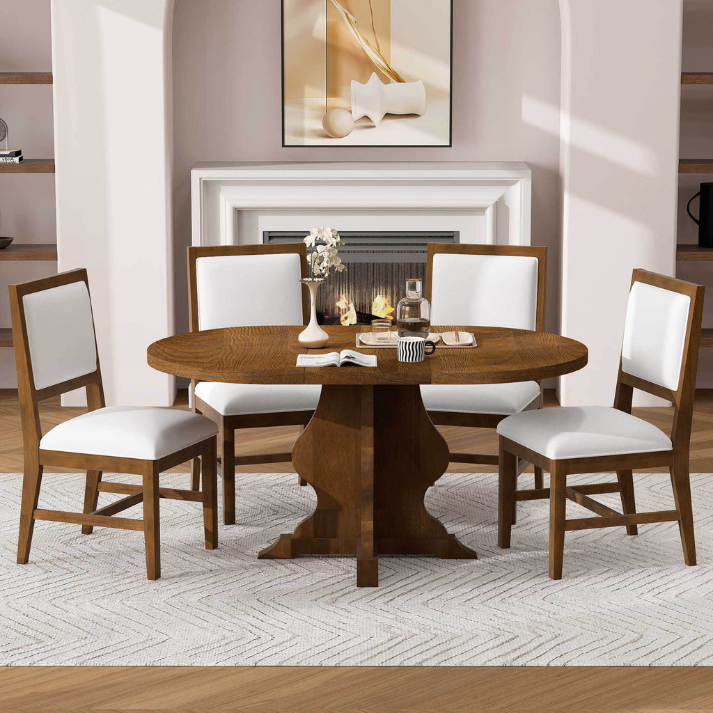 5-Piece Farmhouse Extendable Dining Table Set with 4 Upholstered Chairs