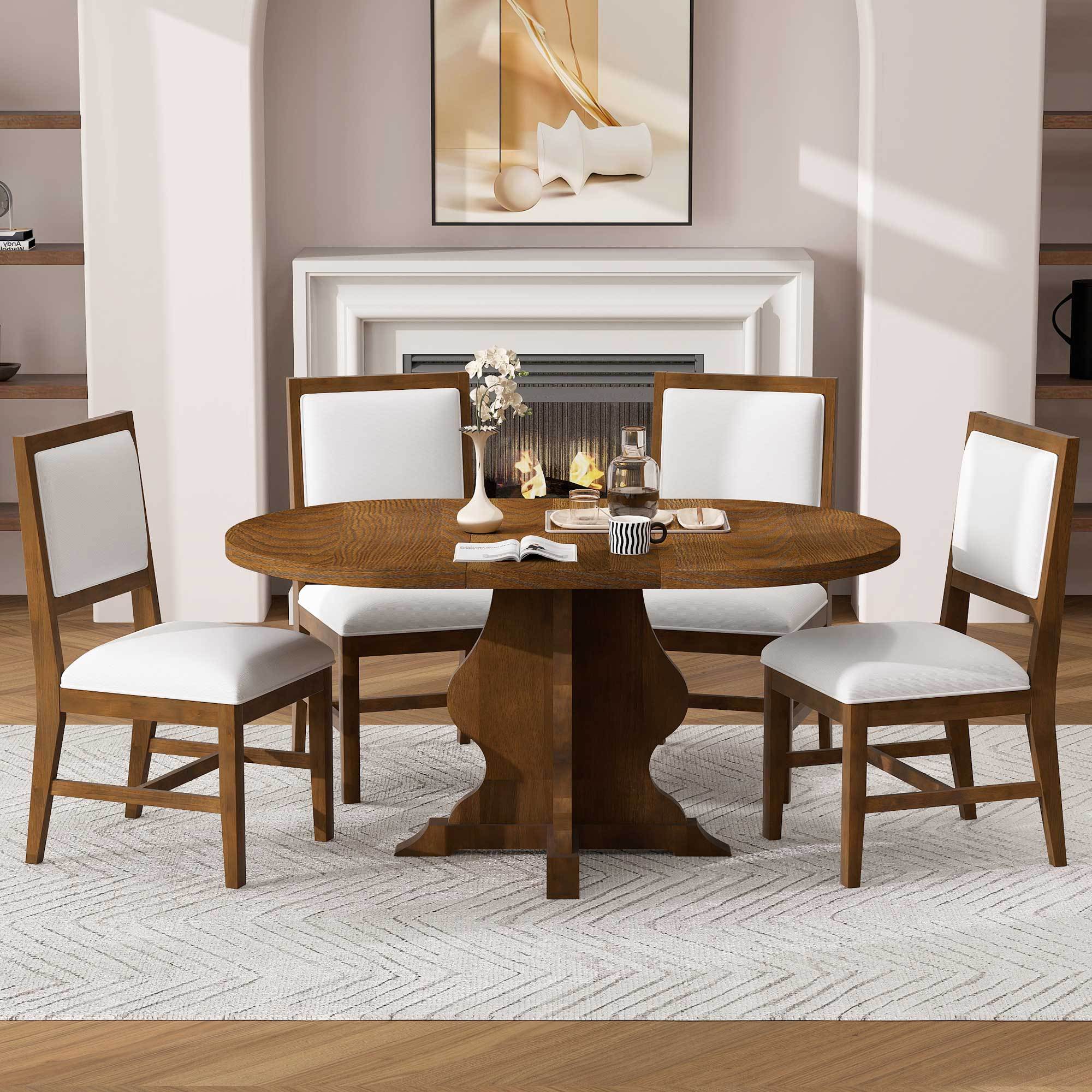 5-Piece Farmhouse Extendable Dining Table Set with 4 Upholstered Chairs