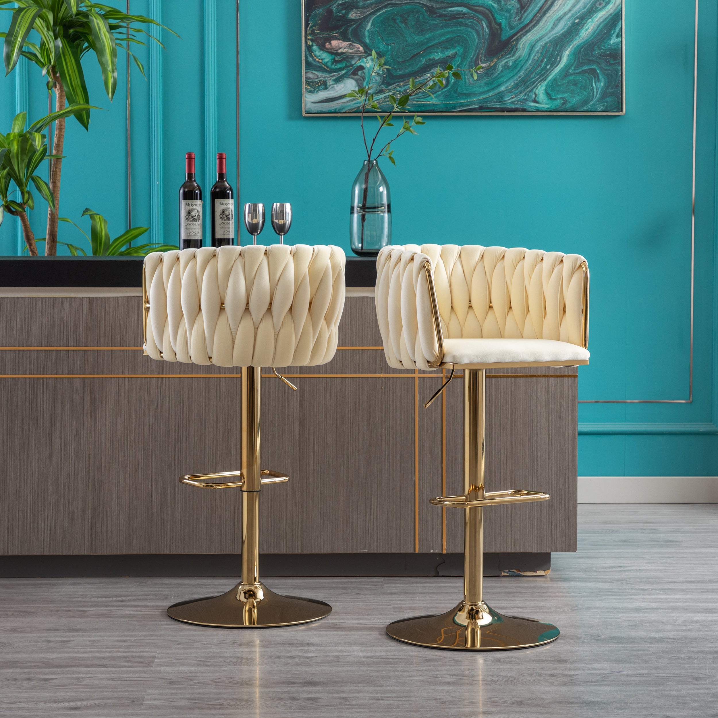 Swivel Height Adjustable Mechanical Lifting Velvet Bar Stools (Set of 2)