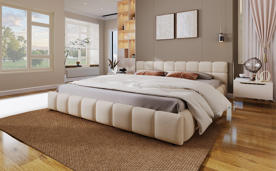 Elegant Beige Chenille Upholstered Bed with Checkerboard Design