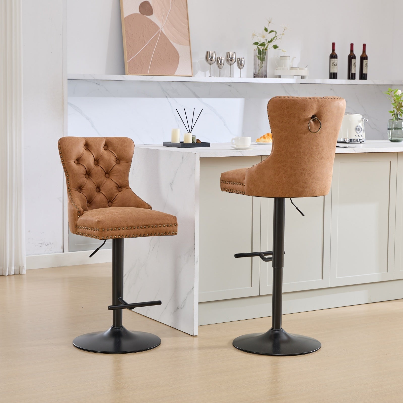 Aged and Retro PU Swivel Barstools Adjusatble Seat Height (Set of 2)