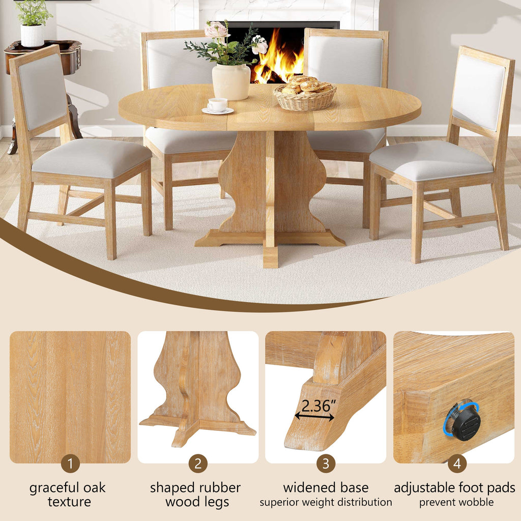5-Piece Farmhouse Extendable Dining Table Set with 4 Upholstered Chairs