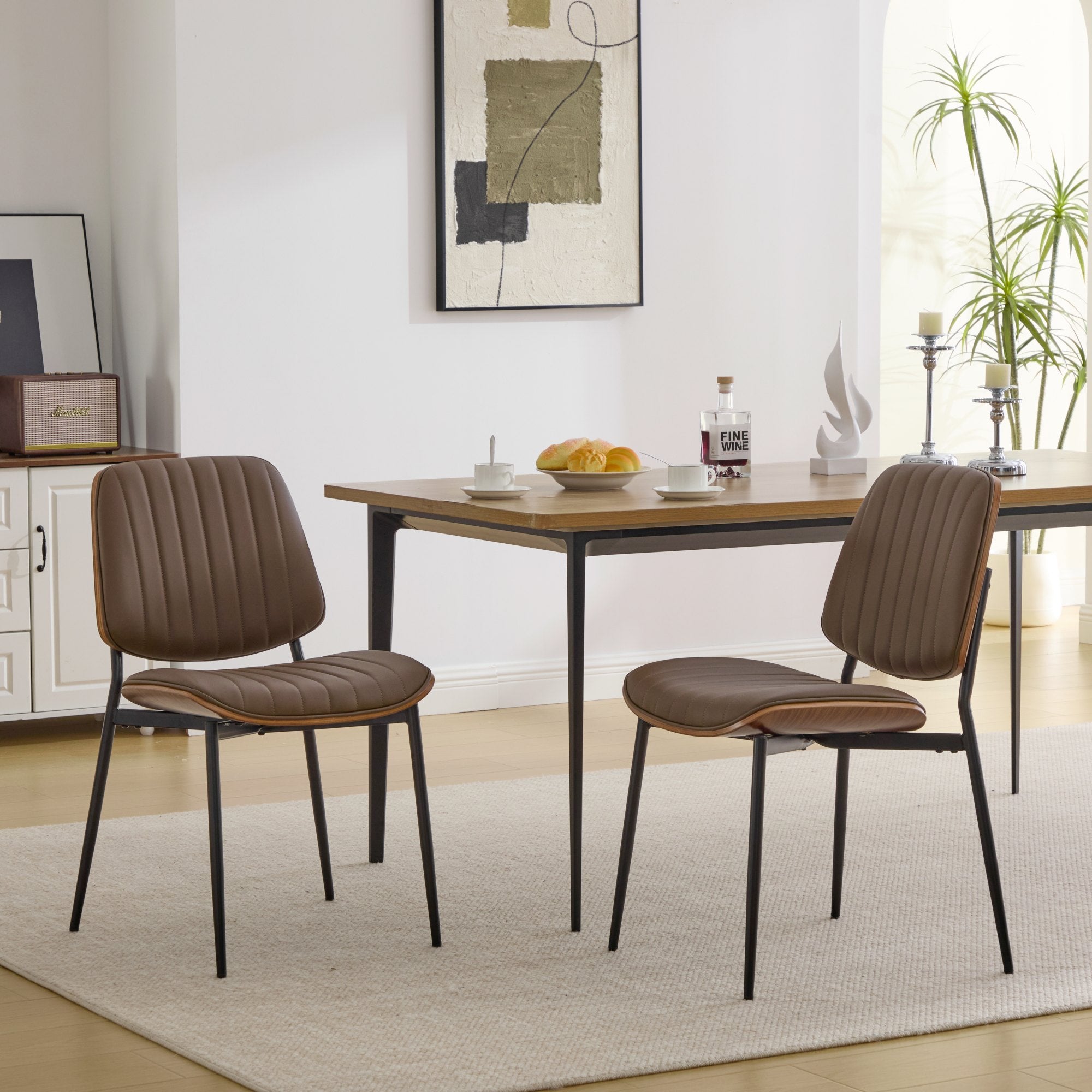 Mid Century Modern Retro Faux Leather Dining Chairs with Walnut Bentwood (Set of 2)