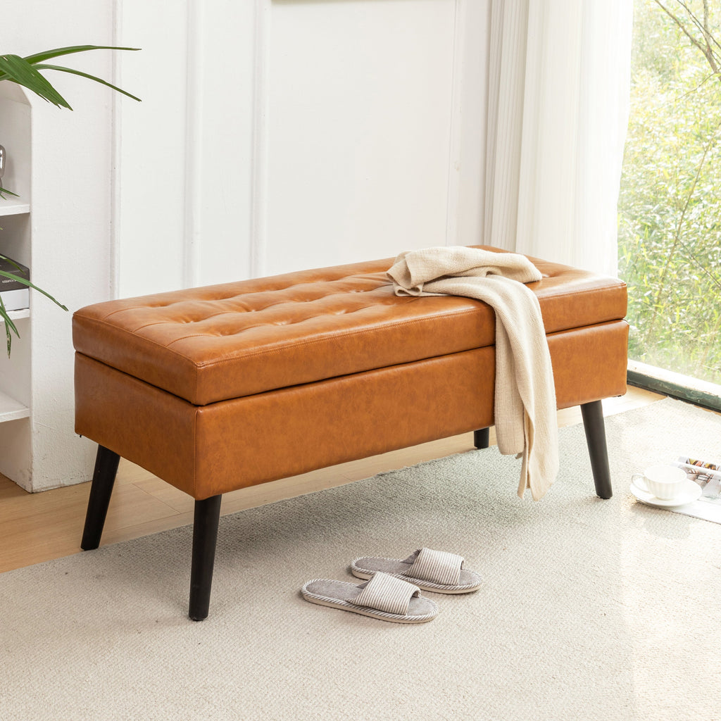 Brown PU Leather Storage Bench