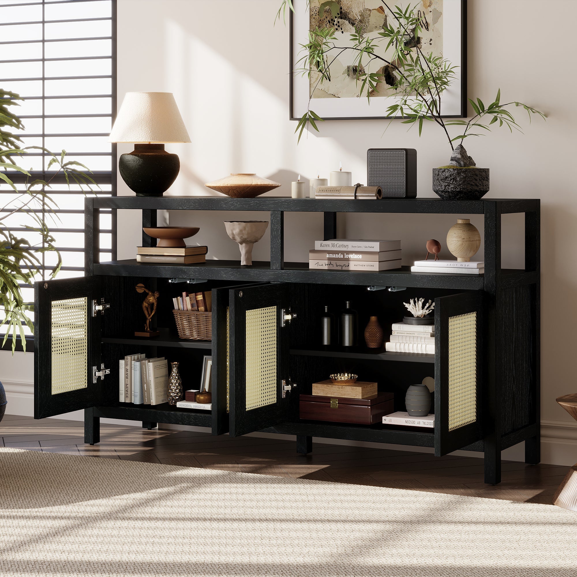 Bohemian Style Rattan Storage Cabinet with 3-position Adjustable Shelves