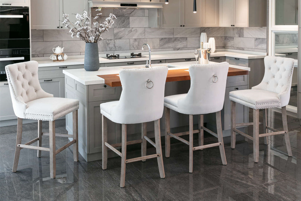 Contemporary Velvet Upholstered Barstools with Button Tufted Decoration (Set of 2)
