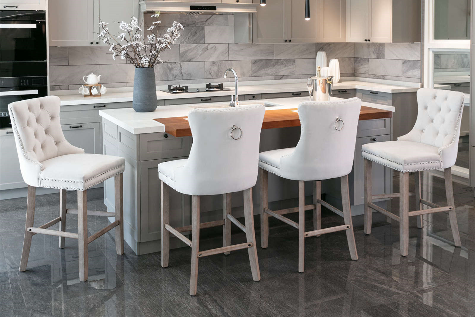 Contemporary Velvet Upholstered Barstools with Button Tufted Decoration (Set of 2)