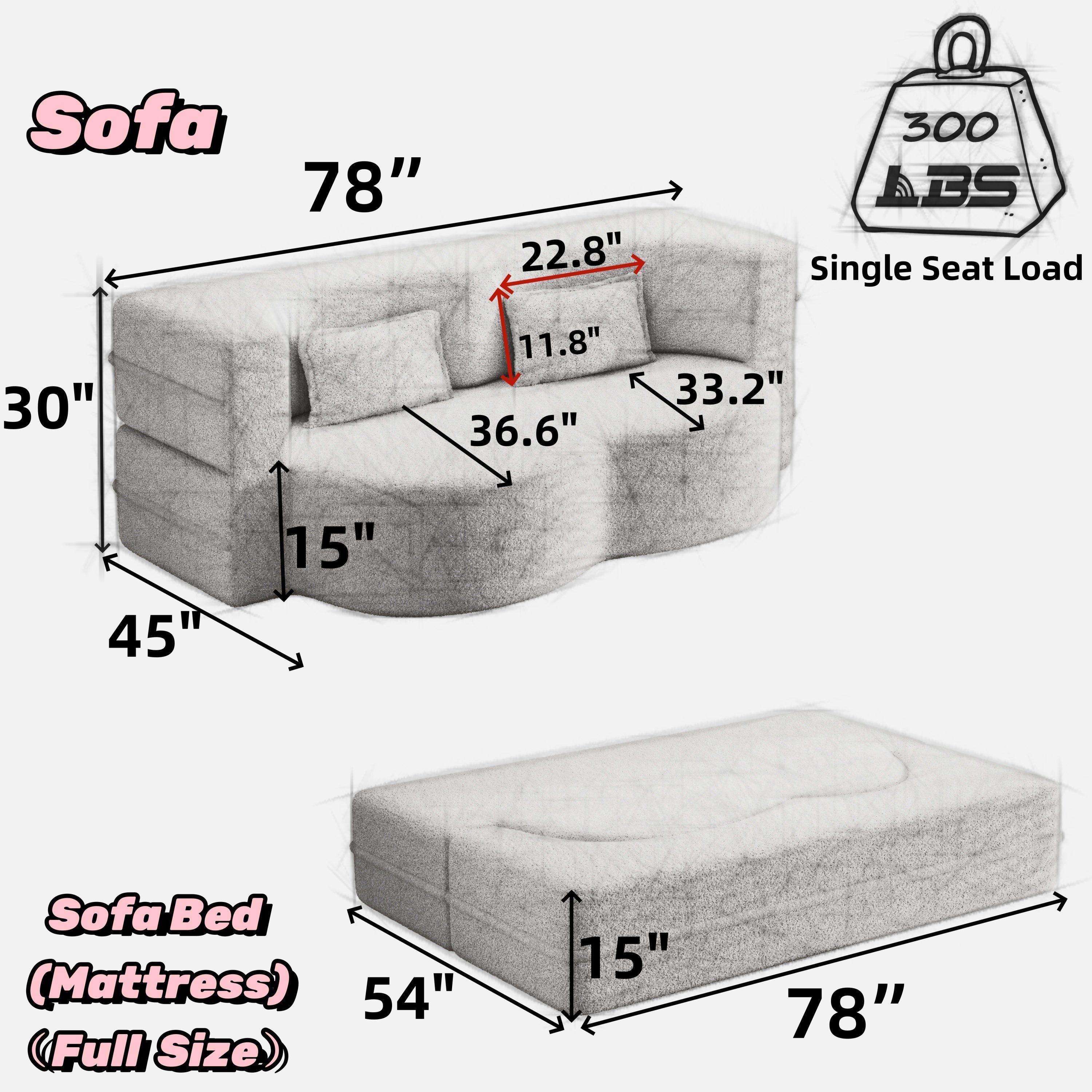 Modern Convertible Teddy Fabric Sofa with 2 Pillows