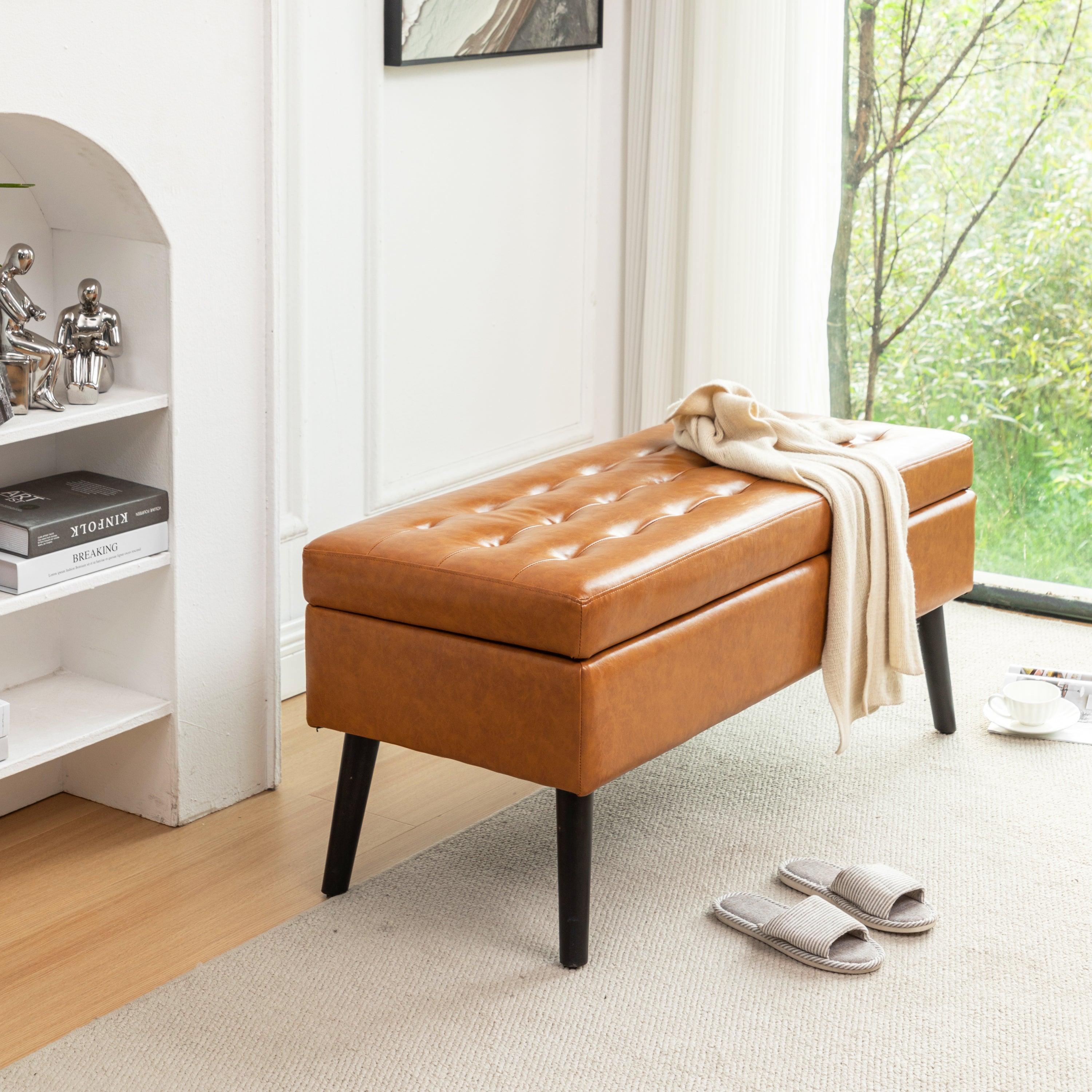 Brown PU Leather Storage Bench