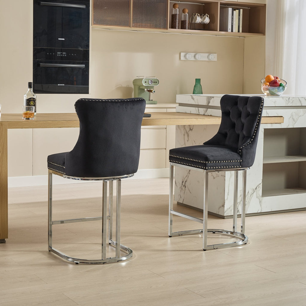 Luxury Elegant Nailhead Trim Tufted Velvet Bar Stools (Set of 2)
