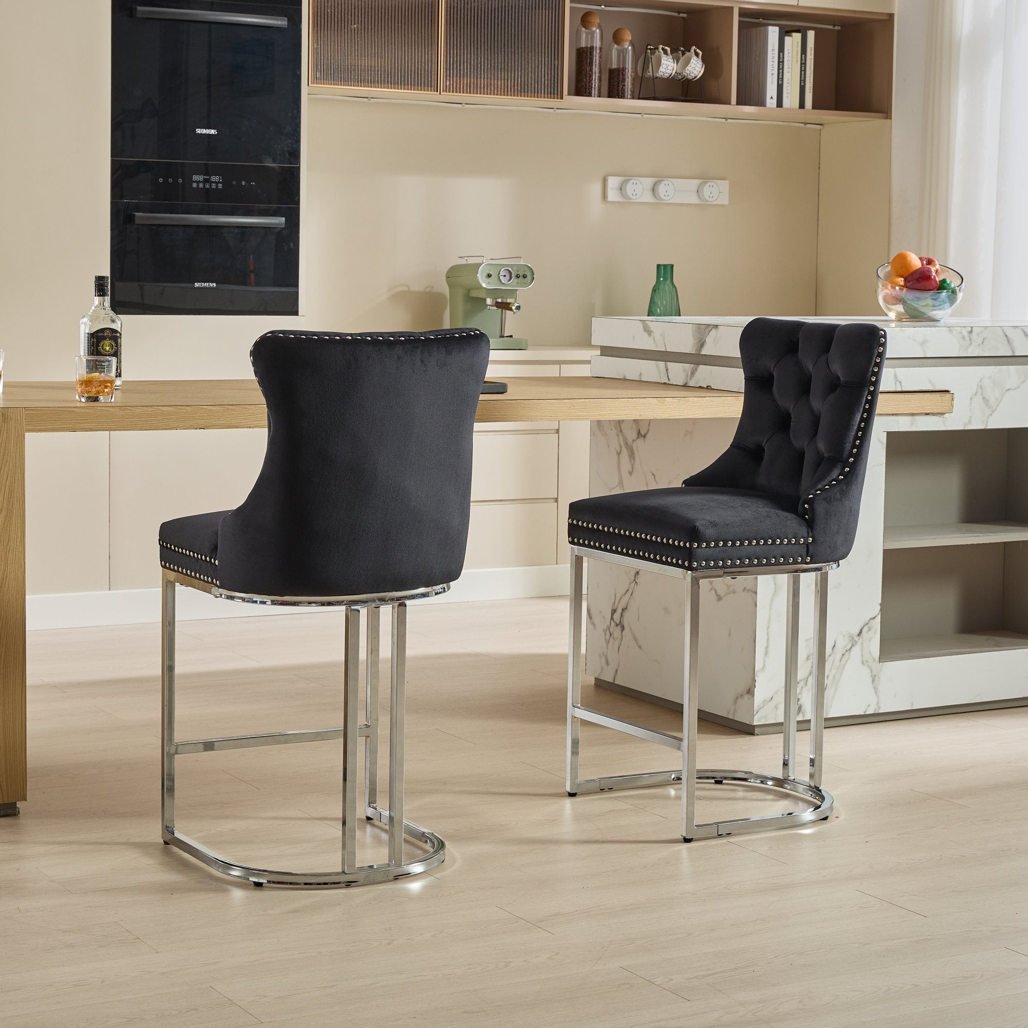 Luxury Elegant Nailhead Trim Tufted Velvet Bar Stools (Set of 2)