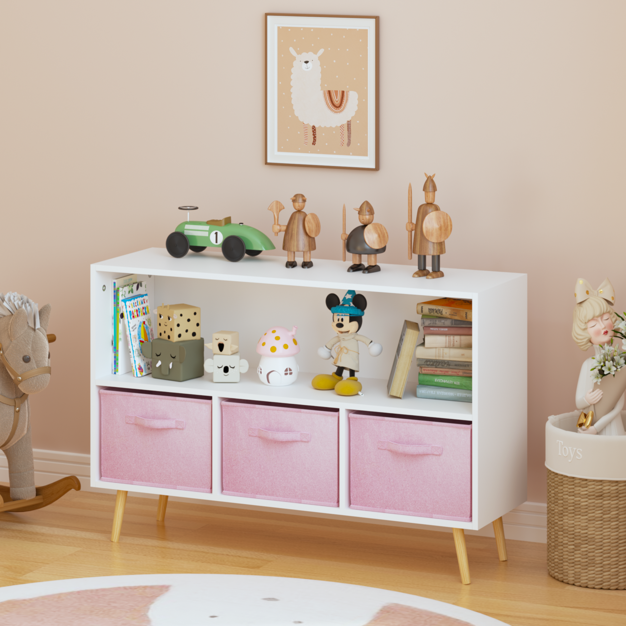 Children's Book Display Kids Bookcase with 3 Fabric Bins