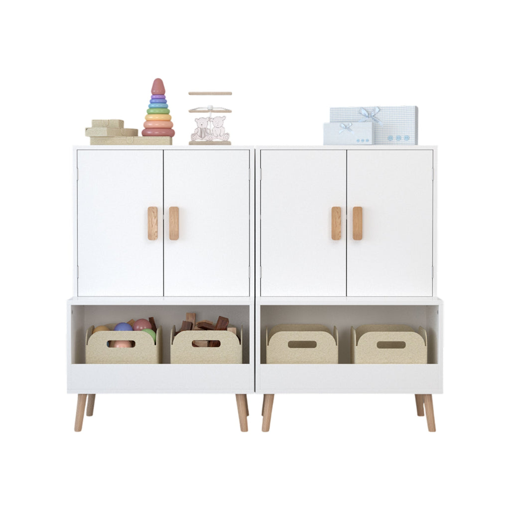 White Modern Wooden Toy Storage Cabinet with Natural Wood Legs