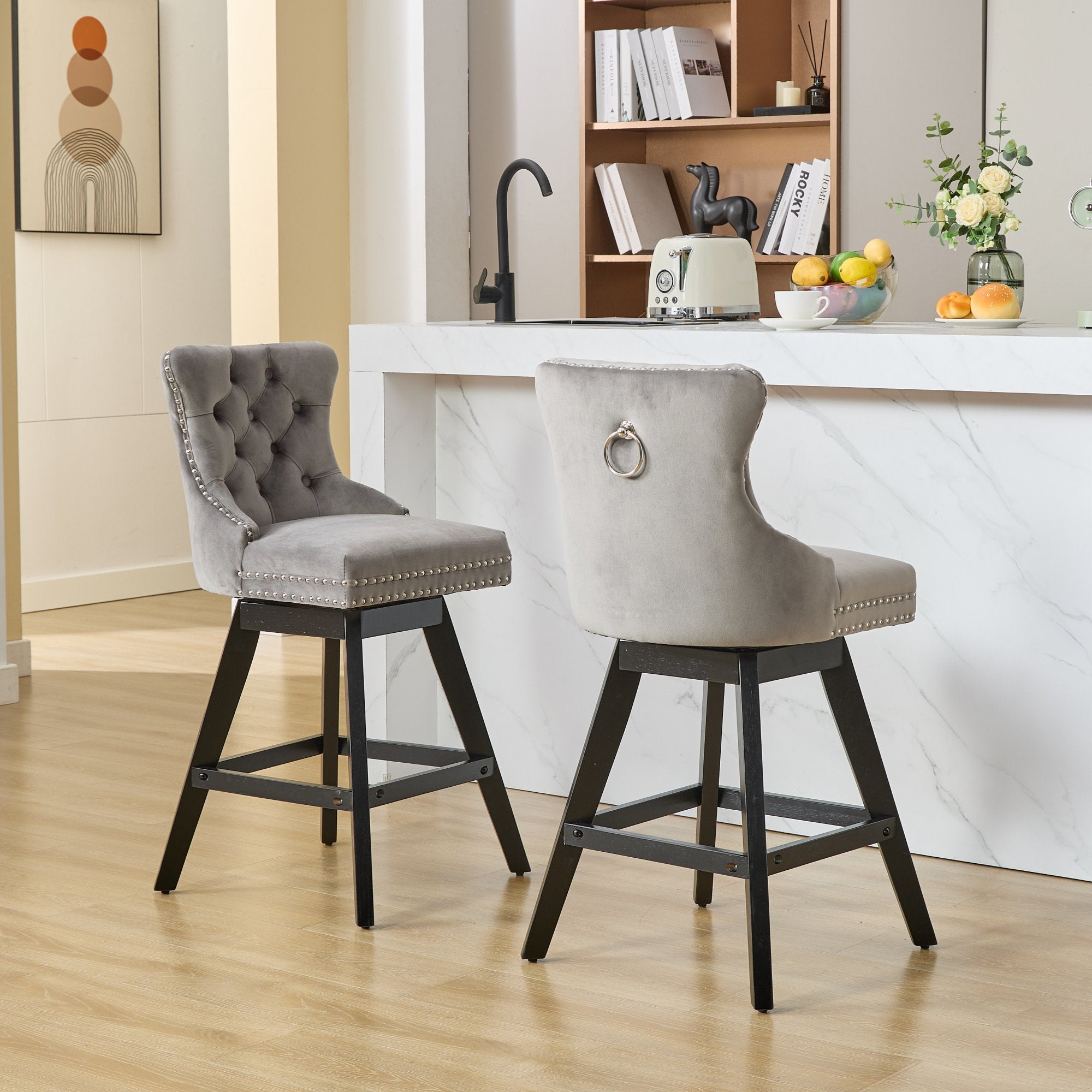 Swivel Velvet Barstools with Button Tufted Decoration (Set of 2)