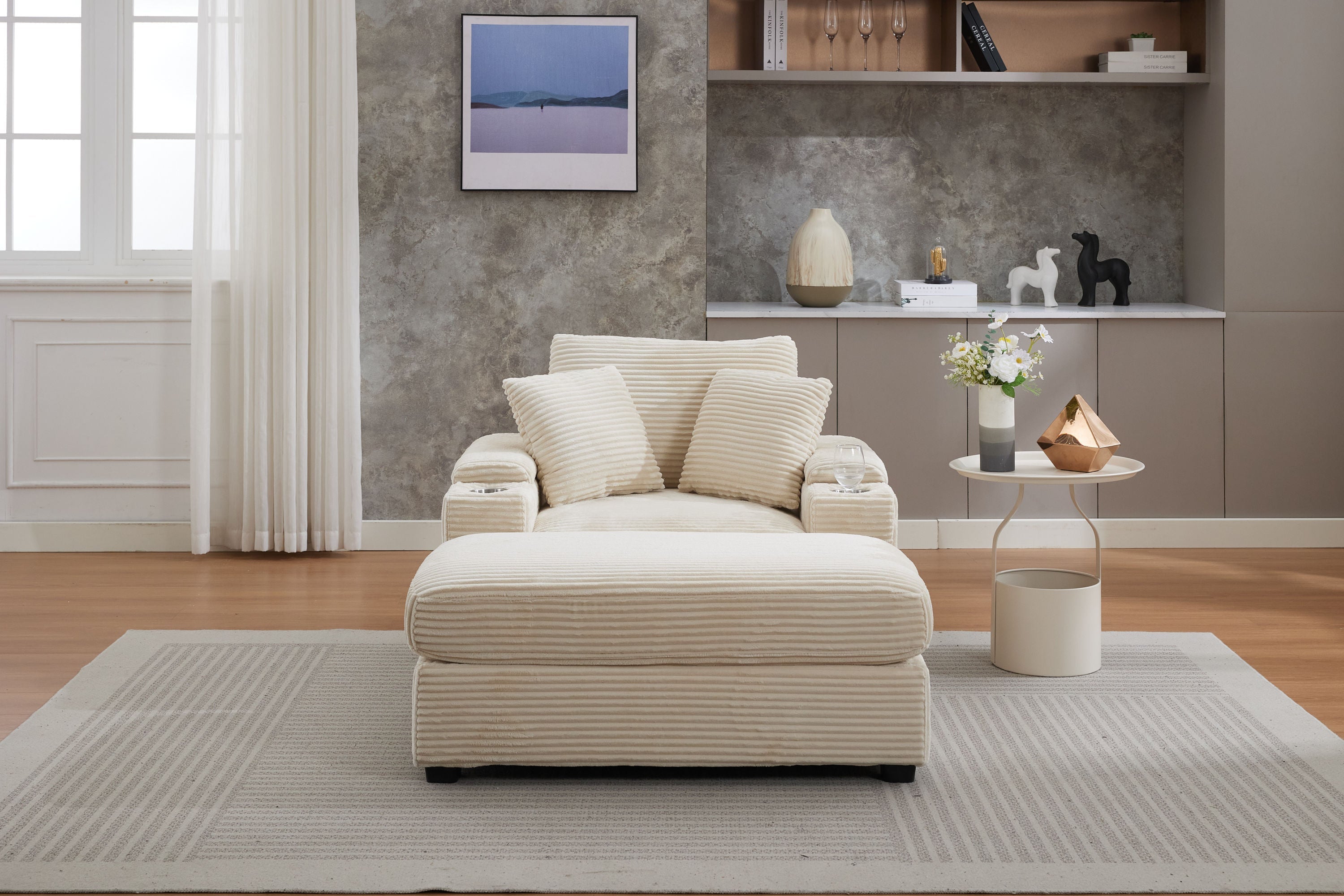 Corduroy Upholstered Chaise Lounge Sofa with Handrail Storage